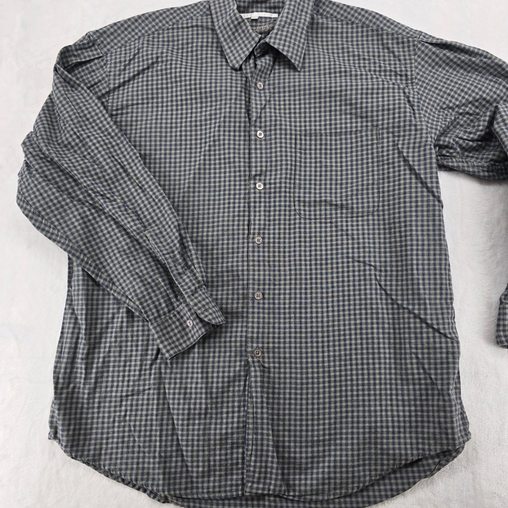 Perry Ellis Button Down Mens L Shirt Blue Grey Plaid Perry Cottons Long Sleeve
